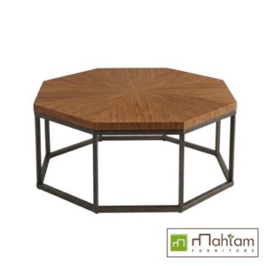 Industrial Octagonal Teak Coffee Table with Sunburst Top M-irtf02