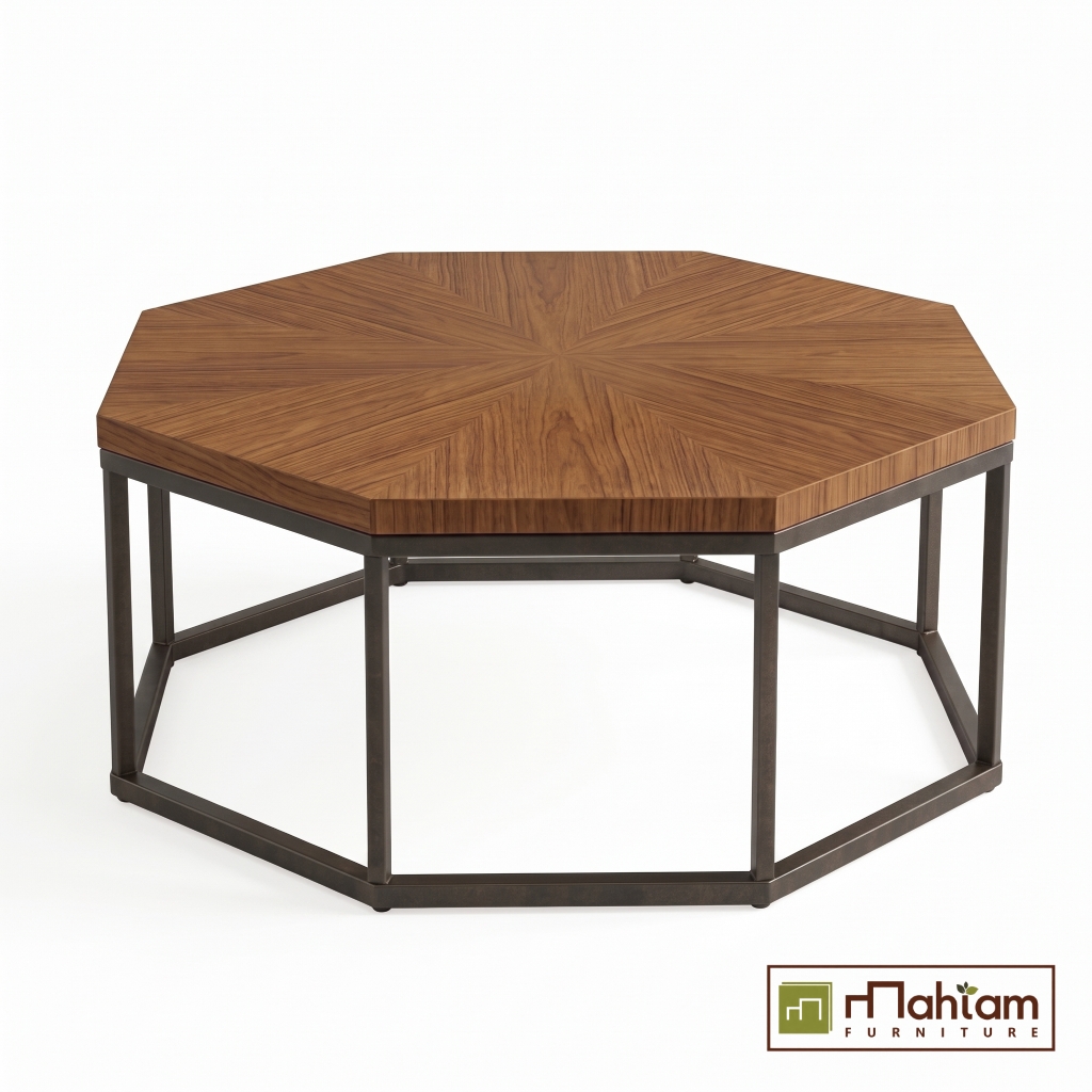 Industrial Octagonal Teak Coffee Table with Sunburst Top M-irtf02