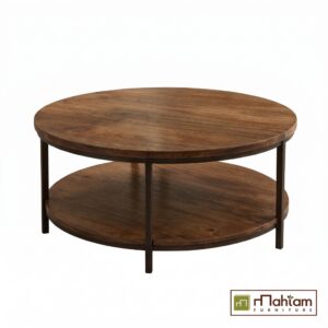 2-Tier Round Industrial Teak Coffee Table M-irtf03