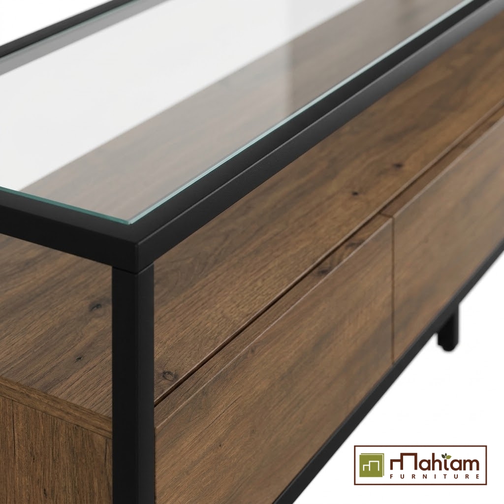Modern Industrial Glass-Top Teak TV Stand M-irtf06 - Image 2