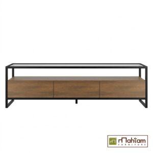 Modern Industrial Glass-Top Teak TV Stand M-irtf06