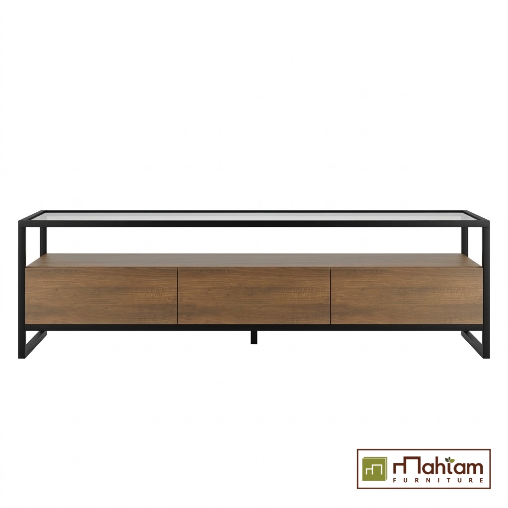 Modern Industrial Glass-Top Teak TV Stand M-irtf06