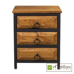 Industrial Teak 3-Drawer Nightstand with Ring Pulls M-irtf11