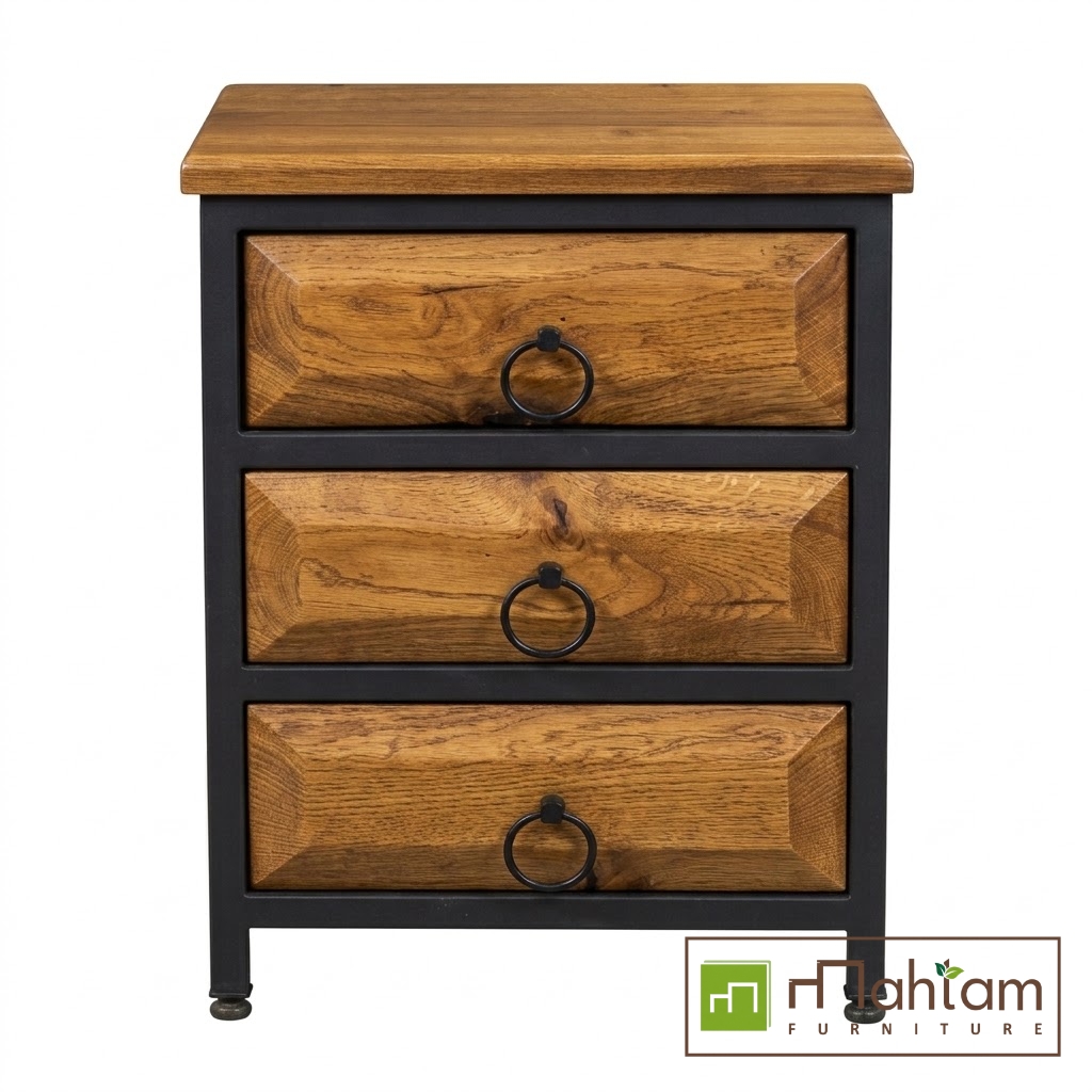 Industrial Teak 3-Drawer Nightstand with Ring Pulls M-irtf11