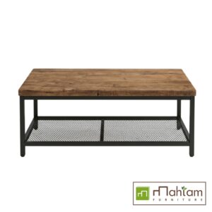 Rustic Industrial Teak Coffee Table with Mesh Shelf M-irtf14
