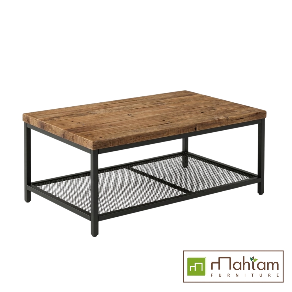 Rustic Industrial Teak Coffee Table with Mesh Shelf M-irtf14 - Image 2