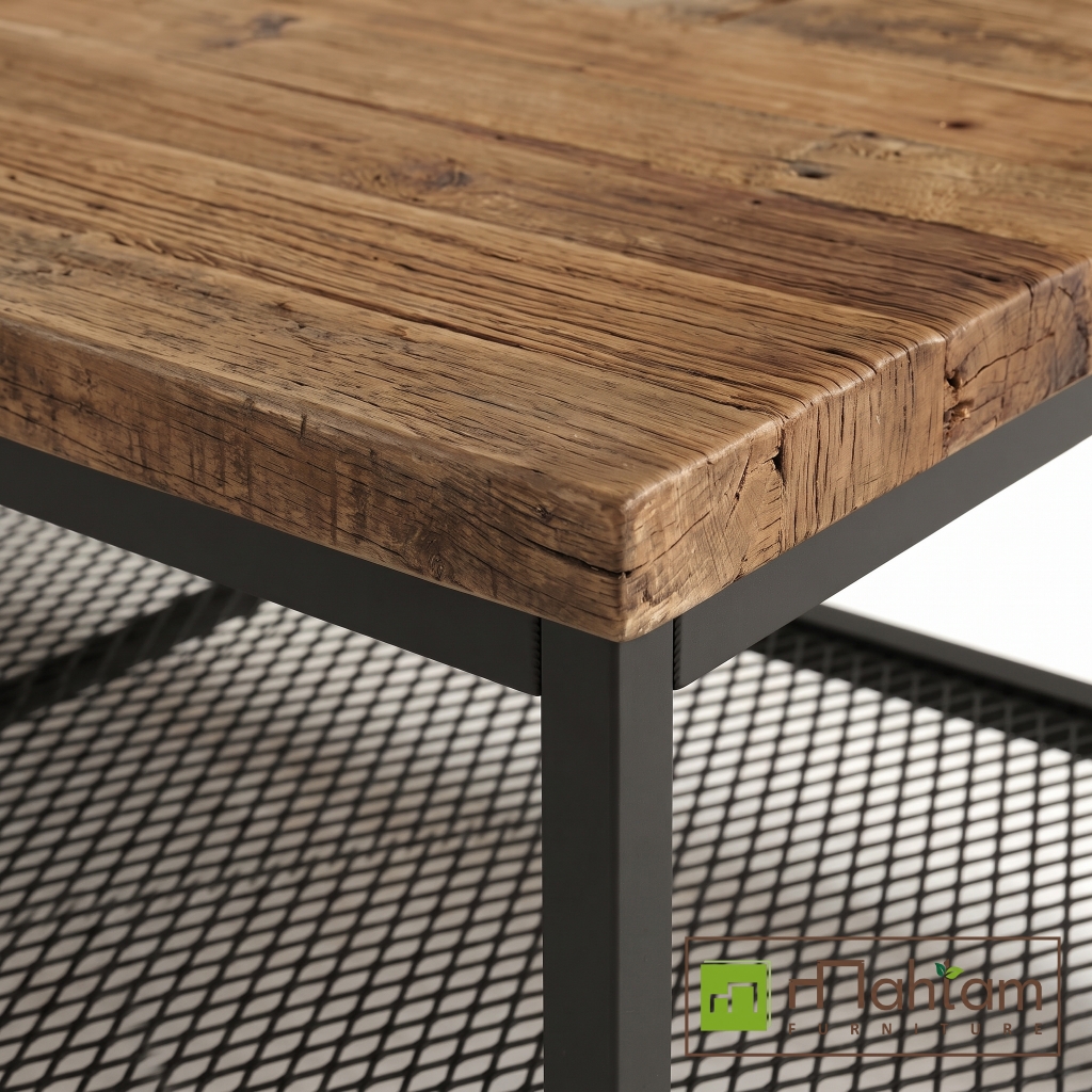 Rustic Industrial Teak Coffee Table with Mesh Shelf M-irtf14 - Image 3