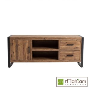 Industrial Teak TV Console with Asymmetrical Storage M-irtf18