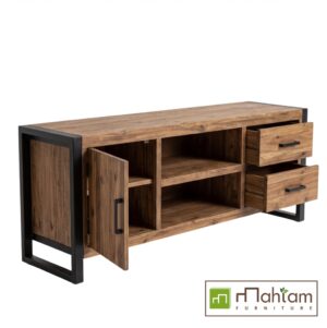 Industrial Teak TV Console with Asymmetrical Storage M-irtf18 - Image 3