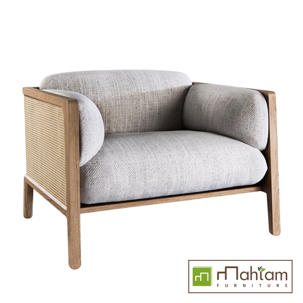Contemporary Teak & Cane Overstuffed Lounge Chair M-rtf09