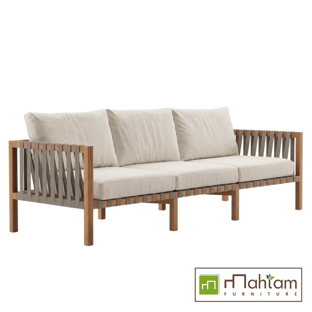 Contemporary Teak & Woven Strap 3-Seater Sofa MFDBe-06